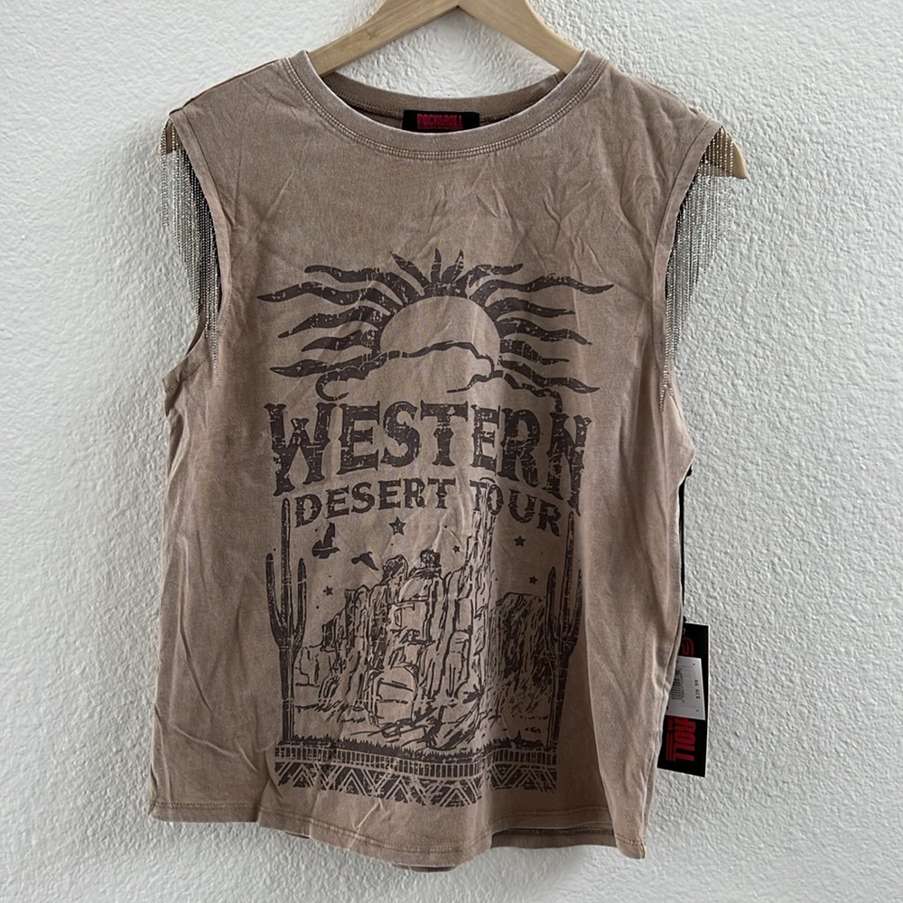 Rock & Roll Denim Graphic Tank Top With Chain Sleeve